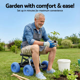 Gardeon Garden Cart Seat with Wheels, Rolling Work Stool with Tool Storage Tray, 440lbs (200kg) Heavy Duty Capacity Garden Stool for Outdoor Yard Work, Car Detailing, and Garage Maintenance, Blue/Black - Rear View
