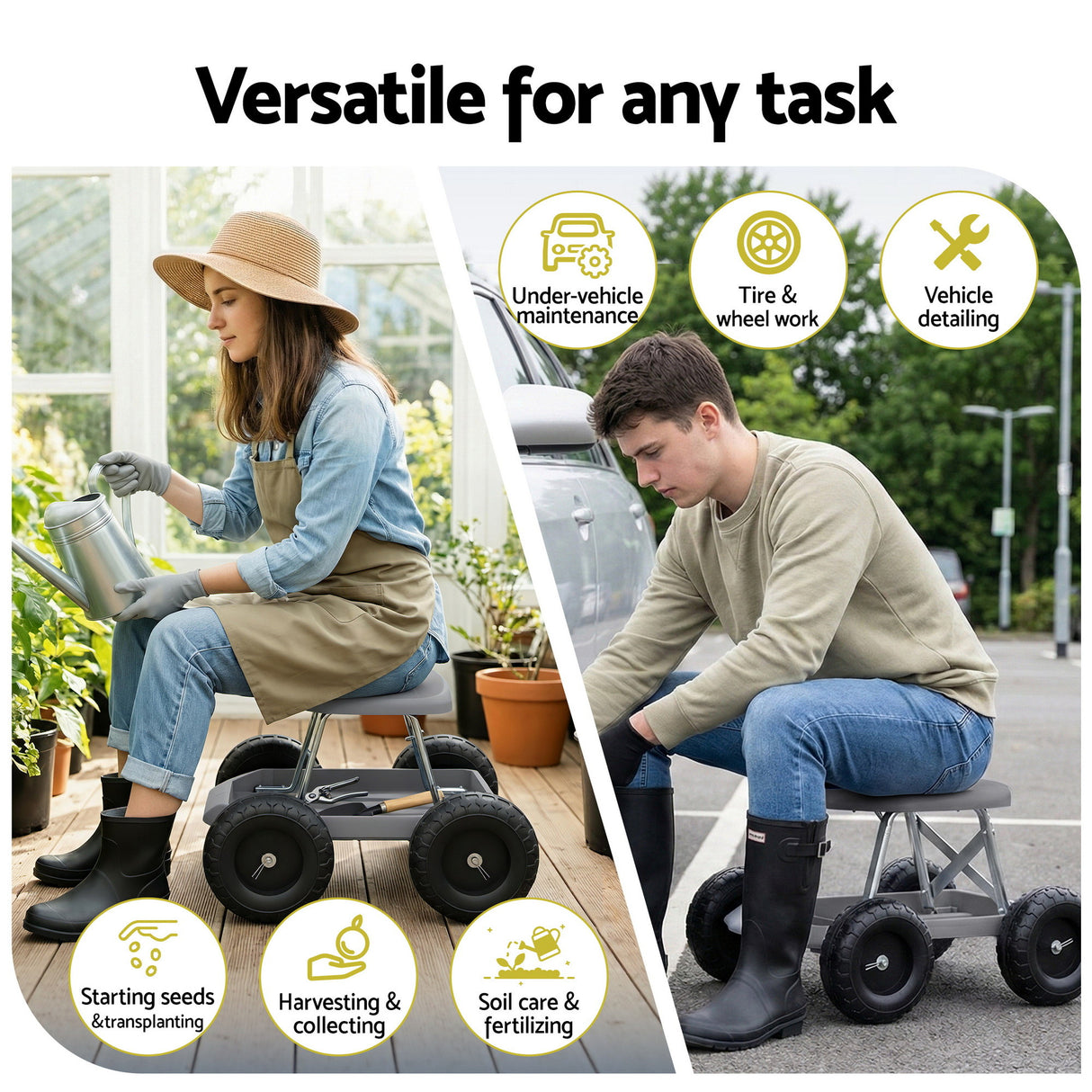 Gardeon Garden Cart Seat with Wheels, Rolling Work Stool with Tool Storage Tray, 440lbs (200kg) Heavy Duty Capacity Garden Stool for Outdoor Yard Work, Car Detailing, and Garage Maintenance, Grey/Black