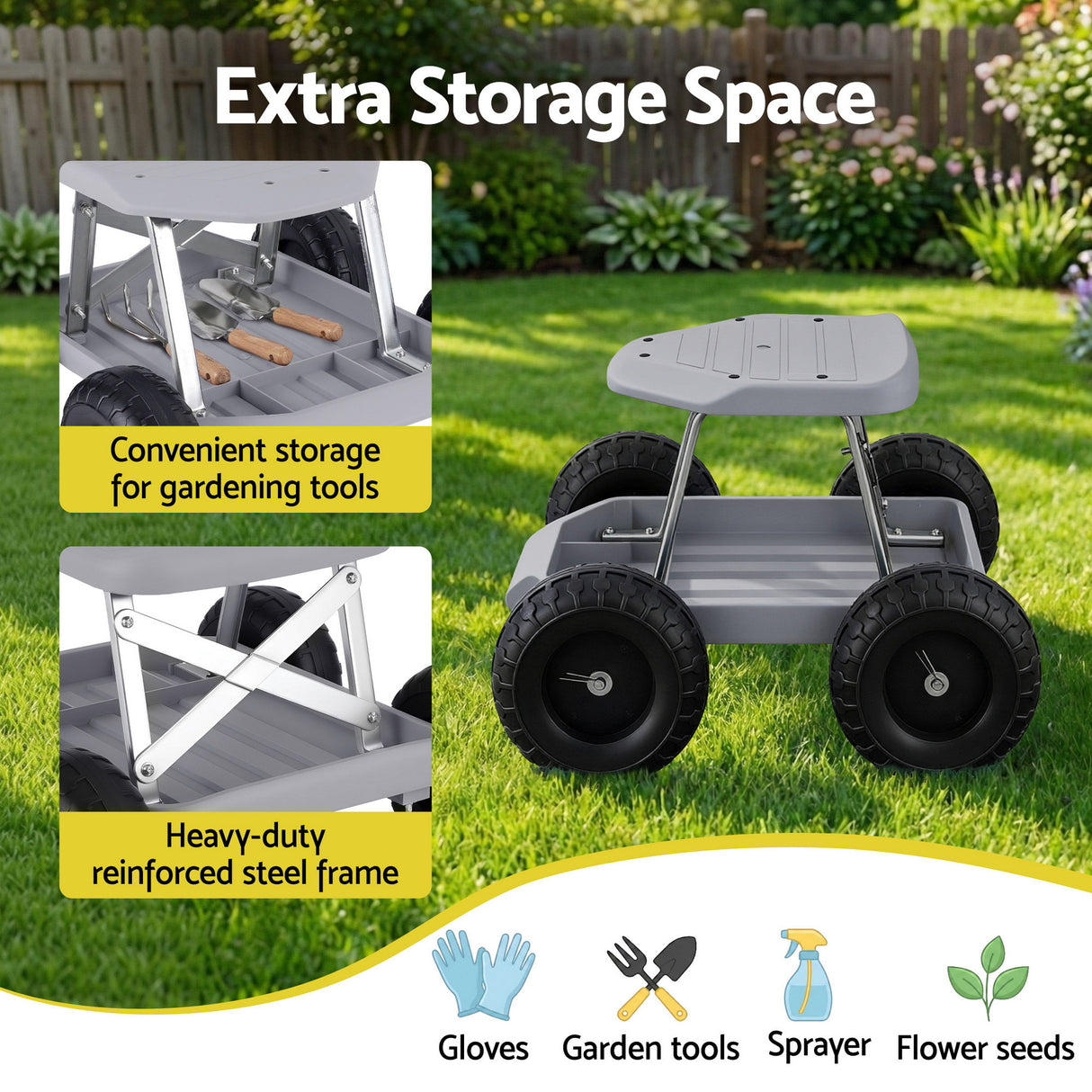 Gardeon Garden Cart Seat with Wheels, Rolling Work Stool with Tool Storage Tray, 440lbs (200kg) Heavy Duty Capacity Garden Stool for Outdoor Yard Work, Car Detailing, and Garage Maintenance, Grey/Black