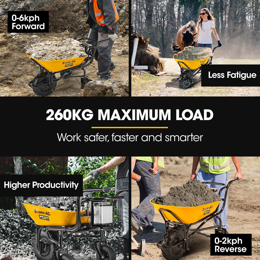 BAUMR-AG 40V Battery Powered Wheelbarrow Motorised Electric, 100L Bucket Volume, 3 Wheel, 260KG, Lifting Bucket