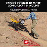 BAUMR-AG 40V Battery Powered Wheelbarrow Motorised Electric, 100L Bucket Volume, 3 Wheel, 260KG, Lifting Bucket - Low Angle