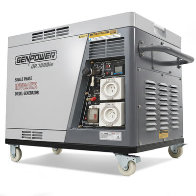 GENPOWER 6.5kW Peak 5kW Rated Diesel Inverter Commercial Generator, Electric Key Start, 2 x 15A, RCD Safety Switch, Wheels, Worksite, Home Backup