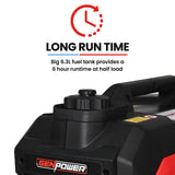 GENPOWER 3.5kW Peak 3kW Enclosed Inverter Generator, 2x15A, 12V, USB, Portable, Compact, Camping, Backup - Low Angle