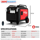 GENPOWER 8.5kW Peak 8.2kW Inverter Generator, Push Button & Remote Start, ATS Compatible, RCD, Porta