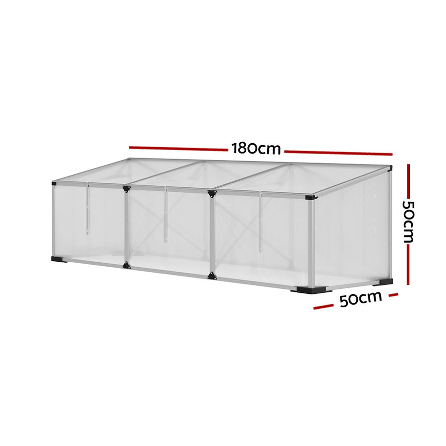 Green Fingers silver aluminium cold frame greenhouse, 180x50x50cm, polycarbonate, twin-wall polycarbonate panels