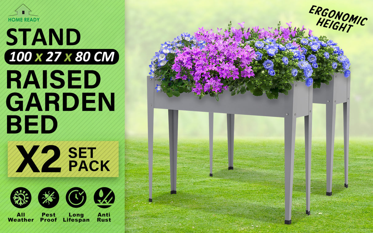 2X Raised Garden Bed With Stand 100 x 27 x 80cm - GREY