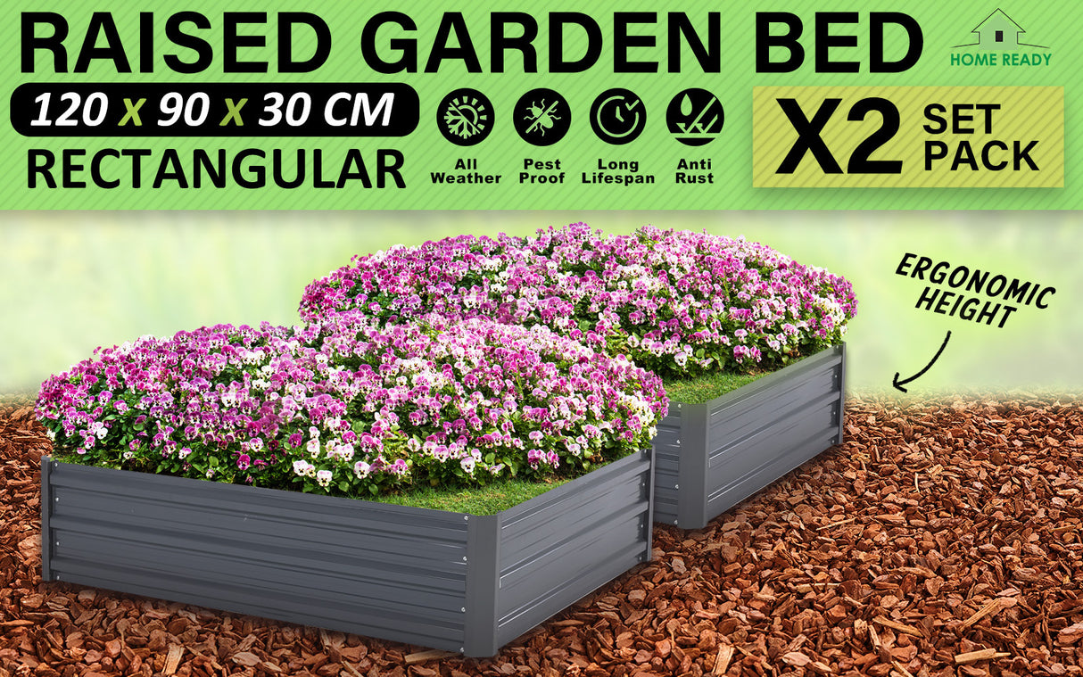 2X Raised Garden Bed Rectangular 120 x 90 x 30cm - GREY