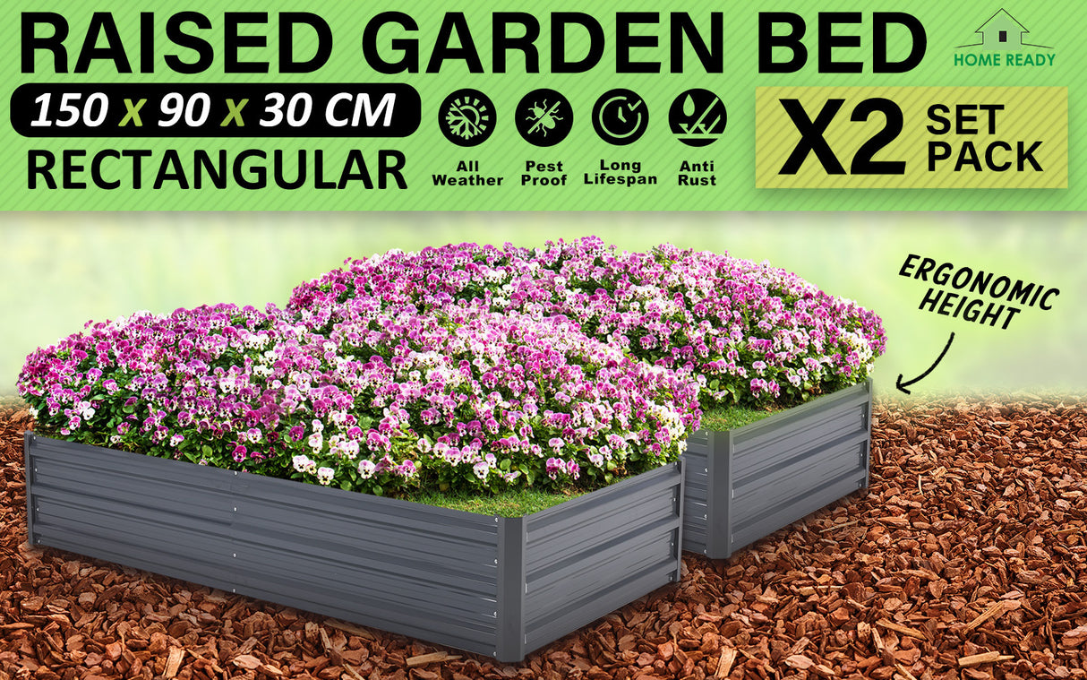 2X Raised Garden Bed Rectangular 150 x 90 x 30cm - GREY