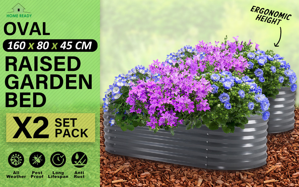 2X Raised Garden Bed Oval 160 x 80 x 45cm - GREY