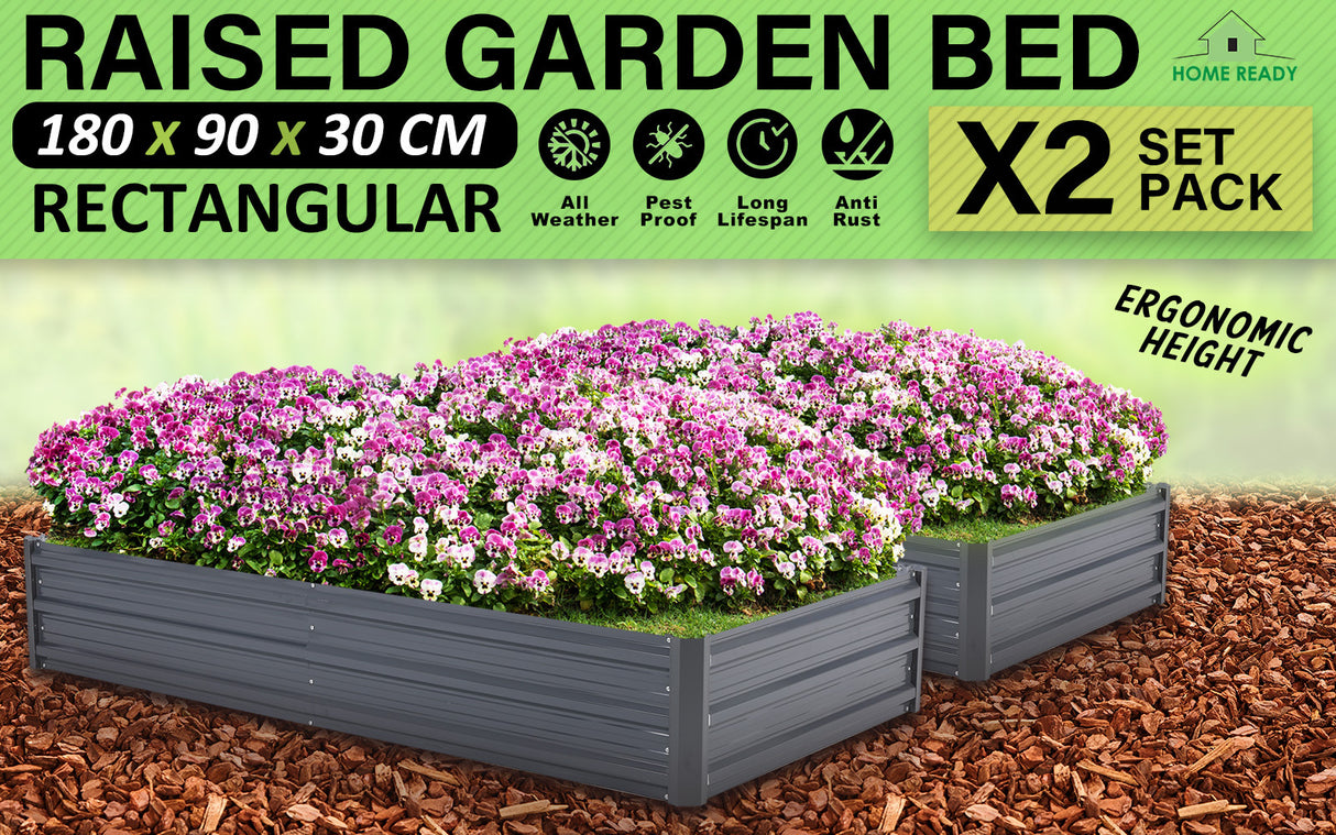 2X Raised Garden Bed Rectangular 180 x 90 x 30cm - GREY