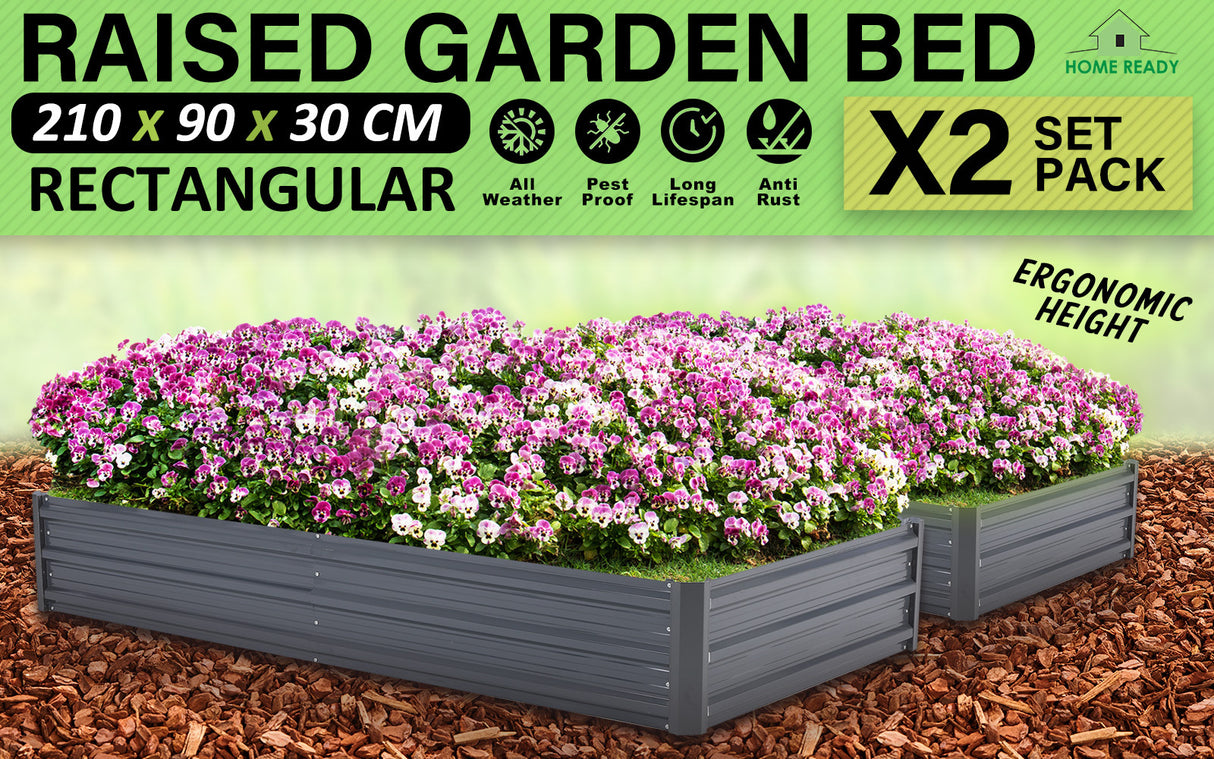 2X Raised Garden Bed Rectangular 210 x 90 x 30cm - GREY