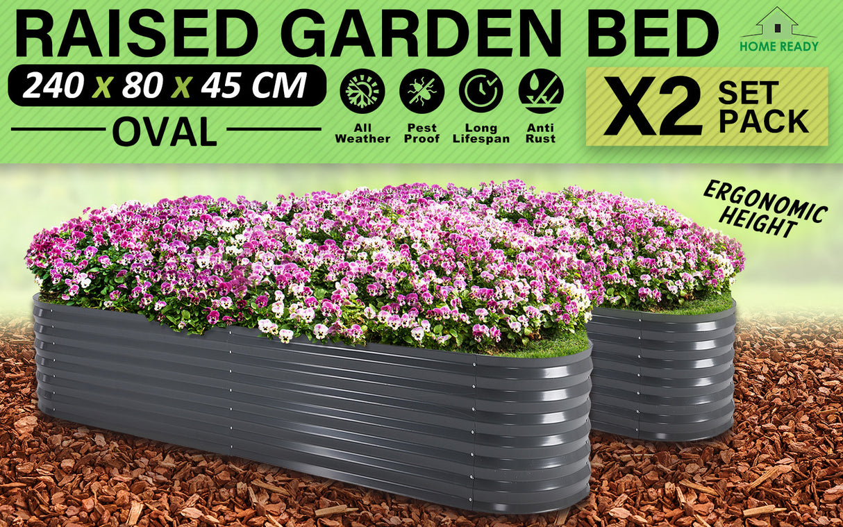 2X Raised Garden Bed Oval 240 x 80 x 45cm - GREY