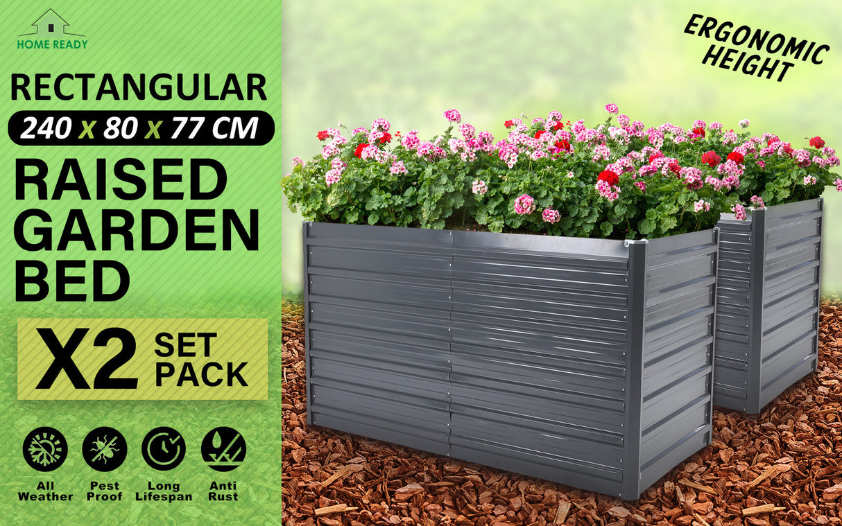 2X Raised Garden Bed 2 in 1 Rectangular 240 x 80 x 77cm - GREY