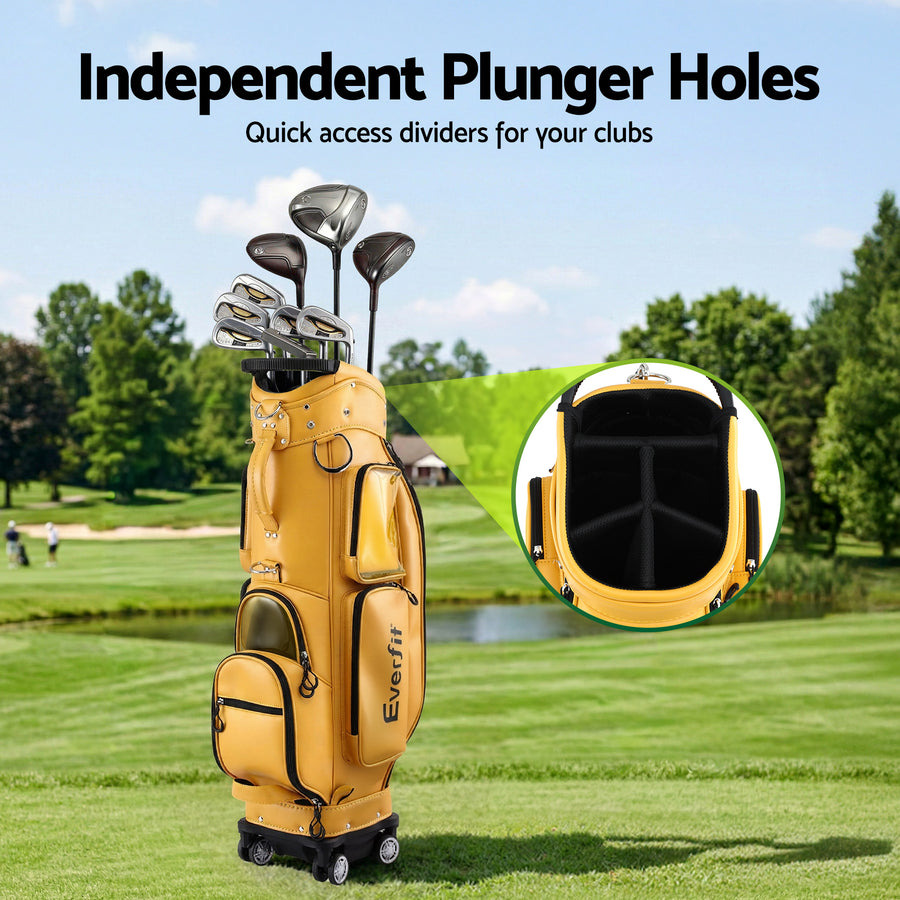 Everfit Golf Cart Bag Rolling Buggy Club Organiser Synthetic Leather Yellow, image 7