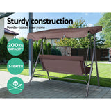Gardeon Outdoor Swing Chair Garden Chair Bench Furniture Canopy 3 Seater Brown - Rear View