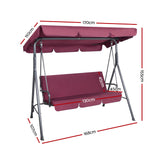 Gardeon Outdoor Swing Chair Garden Bench Furniture Canopy 3 Seater Wine Red - Front View