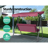 Gardeon Outdoor Swing Chair Garden Bench Furniture Canopy 3 Seater Wine Red - Rear View