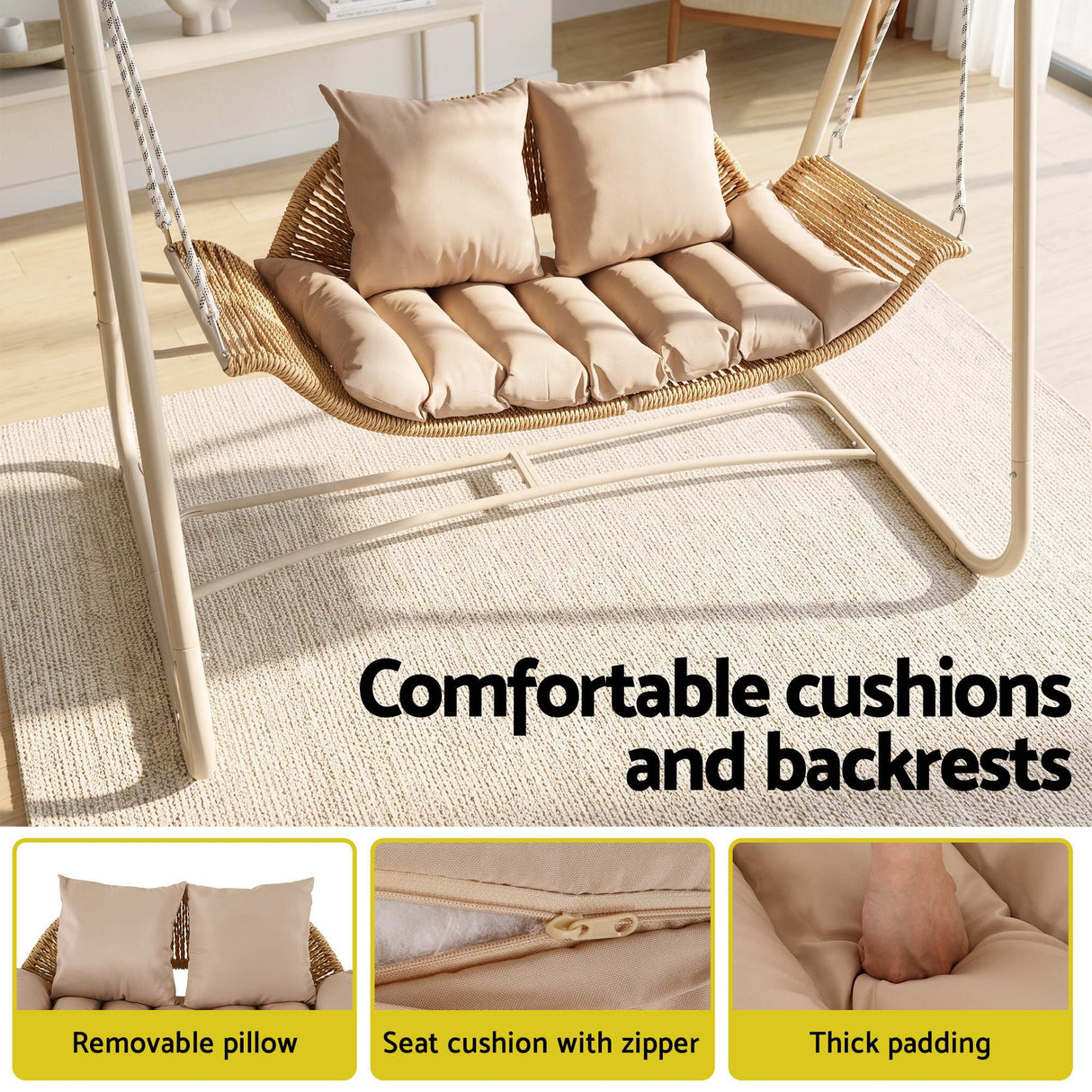 Gardeon Outdoor Swing Chair 2-Seater Rattan Seat with Canopy Beige