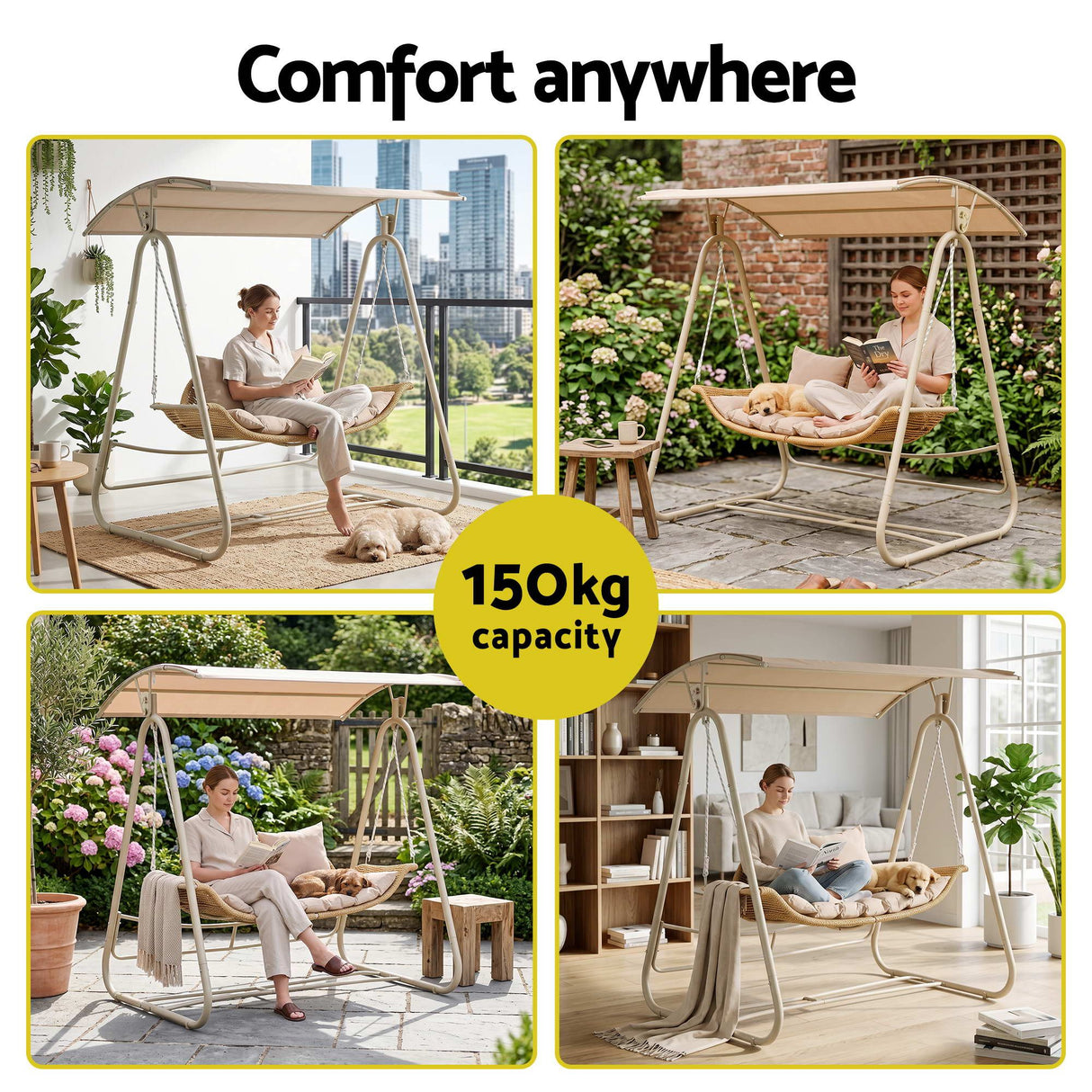 Gardeon Outdoor Swing Chair 2-Seater Rattan Seat with Canopy Beige