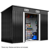 PLANTCRAFT Galvanised Steel Garden Shed 2.38 x 1.31 x 1.82m, with 2 Sliding Doors, 2 Air Vents, Skillion Roof, Floor Frame, Black