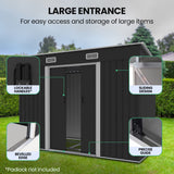 PLANTCRAFT Galvanised Steel Garden Shed 2.38 x 1.31 x 1.82m, with 2 Sliding Doors, 2 Air Vents, Skillion Roof, Floor Frame, Black