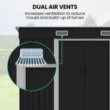 PLANTCRAFT Galvanised Steel Garden Shed 2.38 x 1.31 x 1.82m, with 2 Sliding Doors, 2 Air Vents, Skillion Roof, Floor Frame, Black