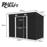 PLANTCRAFT Galvanised Steel Garden Shed 2.38 x 1.31 x 1.82m, with 2 Sliding Doors, 2 Air Vents, Skillion Roof, Floor Frame, Black
