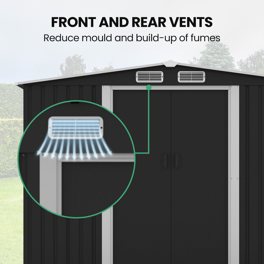 PLANTCRAFT Galvanised Steel Garden Shed 2.58 x 2.07 x 2.02m, with 2 Sliding Doors, 4 Air Vents, Gable Roof, Floor Frame, Black