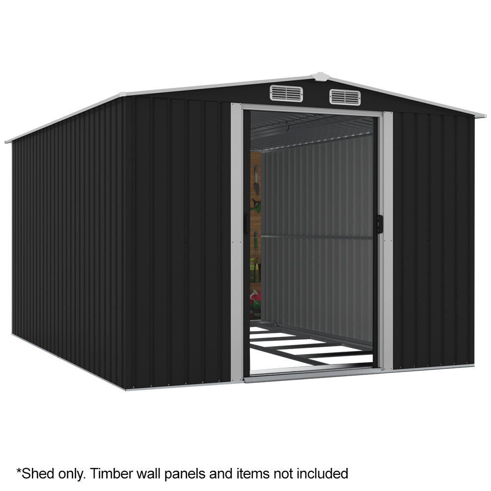 PLANTCRAFT Galvanised Steel Garden Shed 2.58 x 3.14 x 2.02m, with 2 Sliding Doors, 4 Air Vents, Gable Roof, Floor Frame, Black
