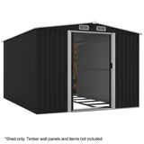 PLANTCRAFT Galvanised Steel Garden Shed 2.58 x 3.14 x 2.02m, with 2 Sliding Doors, 4 Air Vents, Gable Roof, Floor Frame, Black