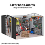 PLANTCRAFT Galvanised Steel Garden Shed 2.58 x 3.14 x 2.02m, with 2 Sliding Doors, 4 Air Vents, Gable Roof, Floor Frame, Black