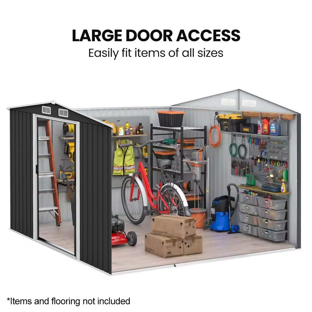 PLANTCRAFT Galvanised Steel Garden Shed 2.58 x 3.14 x 2.02m, with 2 Sliding Doors, 4 Air Vents, Gable Roof, Floor Frame, Black