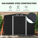 PLANTCRAFT Galvanised Steel Garden Shed 2.58 x 3.14 x 2.02m, with 2 Sliding Doors, 4 Air Vents, Gable Roof, Floor Frame, Black - Front View