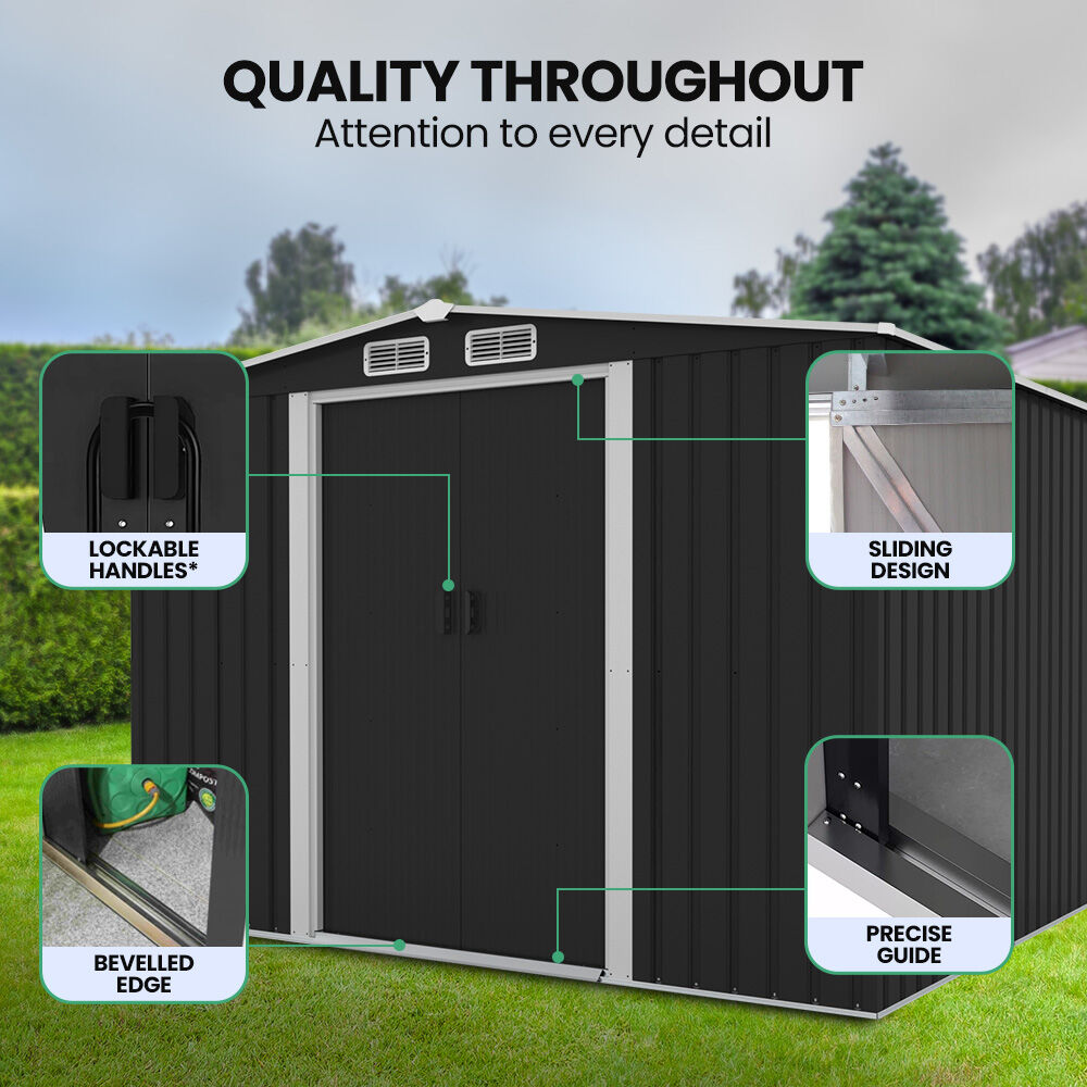 PLANTCRAFT Galvanised Steel Garden Shed 2.58 x 3.14 x 2.02m, with 2 Sliding Doors, 4 Air Vents, Gable Roof, Floor Frame, Black