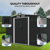 PLANTCRAFT Galvanised Steel Garden Shed 2.58 x 3.14 x 2.02m, with 2 Sliding Doors, 4 Air Vents, Gable Roof, Floor Frame, Black - 45-Degree Angle