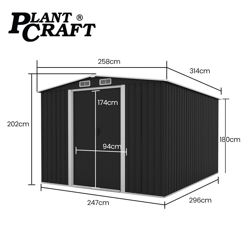 PLANTCRAFT Galvanised Steel Garden Shed 2.58 x 3.14 x 2.02m, with 2 Sliding Doors, 4 Air Vents, Gable Roof, Floor Frame, Black