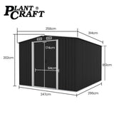 PLANTCRAFT Galvanised Steel Garden Shed 2.58 x 3.14 x 2.02m, with 2 Sliding Doors, 4 Air Vents, Gable Roof, Floor Frame, Black - Rear View
