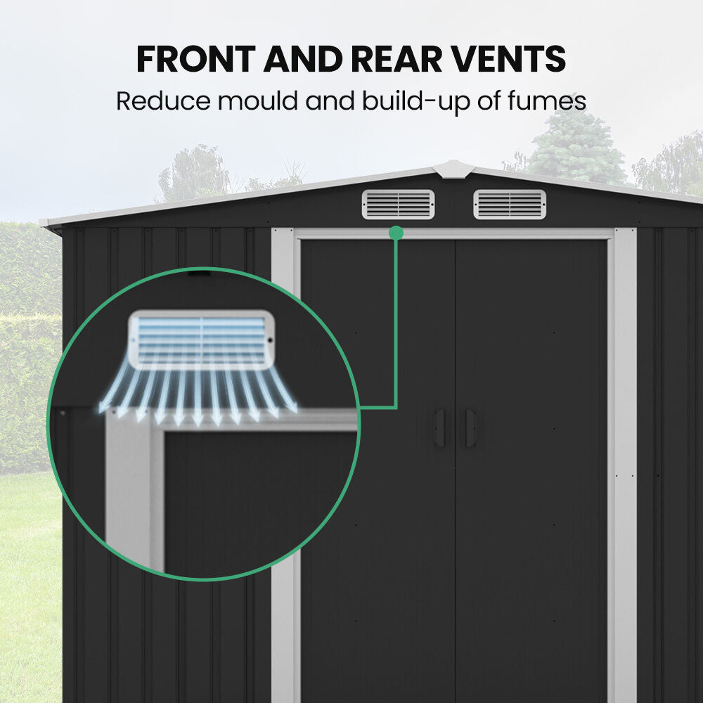 PLANTCRAFT Galvanised Steel Garden Shed 2.58 x 3.14 x 2.02m, with 2 Sliding Doors, 4 Air Vents, Gable Roof, Floor Frame, Black