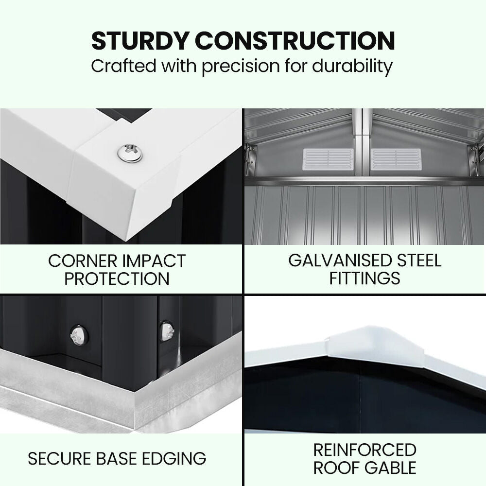 PLANTCRAFT Galvanised Steel Garden Shed 2.58 x 3.14 x 2.02m, with 2 Sliding Doors, 4 Air Vents, Gable Roof, Floor Frame, Black