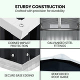 PLANTCRAFT Galvanised Steel Garden Shed 2.58 x 3.14 x 2.02m, with 2 Sliding Doors, 4 Air Vents, Gable Roof, Floor Frame, Black - Close-Up Angle