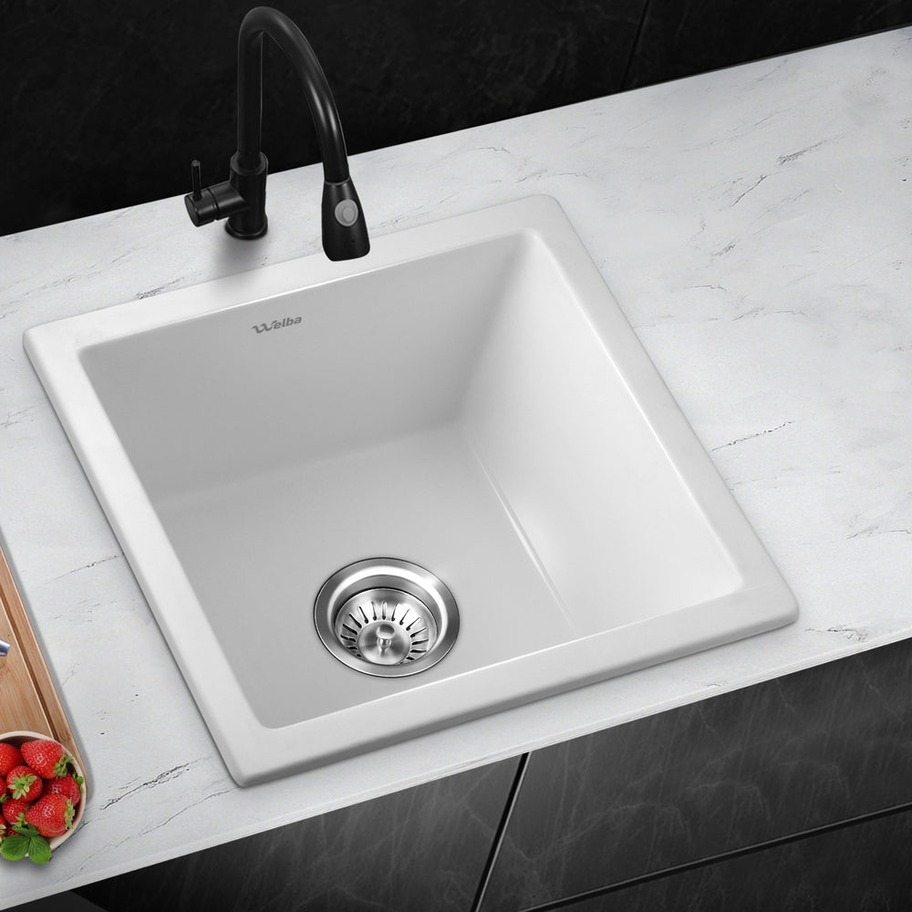 Welba Kitchen Sink Granite Basin Single Bowl 45cmx45cm White