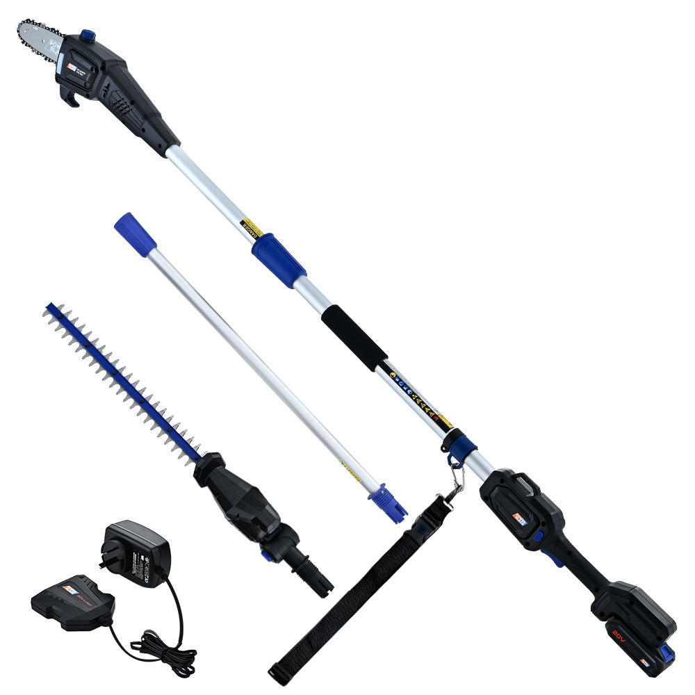 POWERBLADE 20V Cordless Pole Saw & Hedge Trimmer Combo, 8' Chainsaw Pruner & 20' Hedger, Telescopic Handle, Battery and Fast Charger Kit