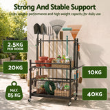 Gardeon Garden Tool Organizer Rack 16 Slots Rolling Garage Storage with Hooks - Front View