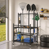 Gardeon Garden Tool Organizer Rack 16 Slots Rolling Garage Storage with Hooks - Rear View