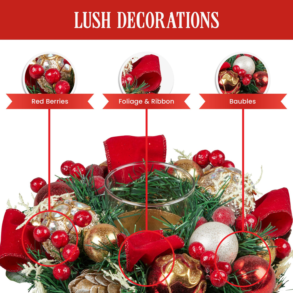 Christabelle Christmas Festive Floral Centrepiece with Glass Candle Holder - 26cm