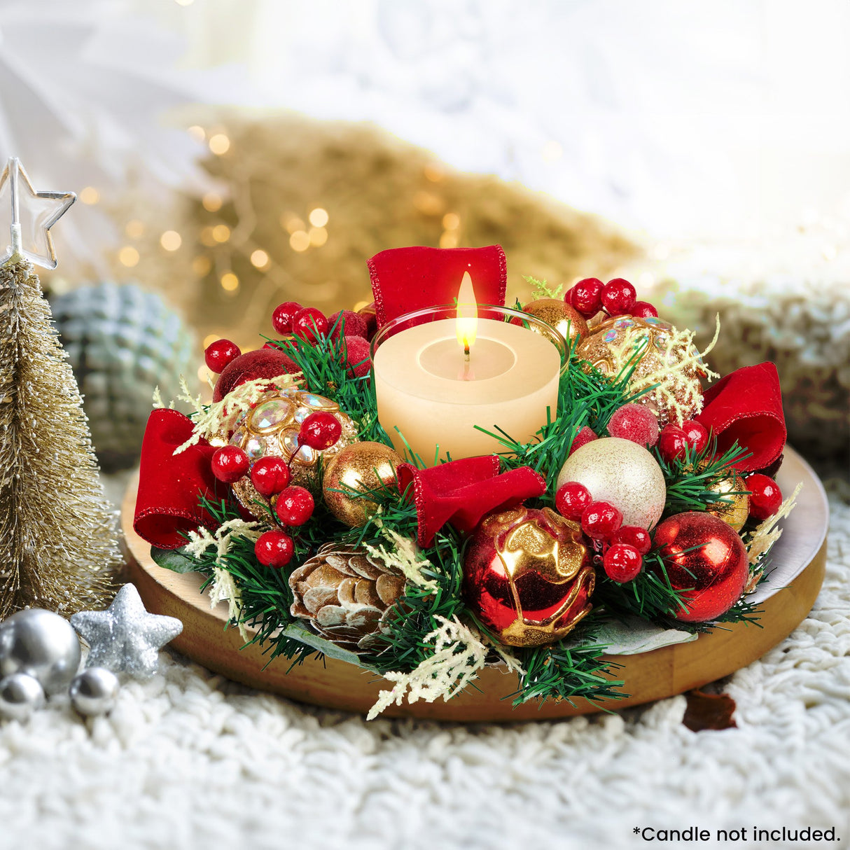 Christabelle Christmas Festive Floral Centrepiece with Glass Candle Holder - 26cm