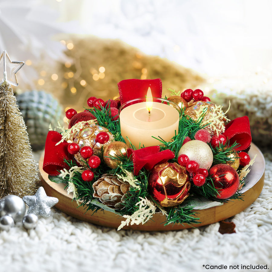 Christabelle Christmas Festive Floral Centrepiece with Glass Candle Holder - 26cm