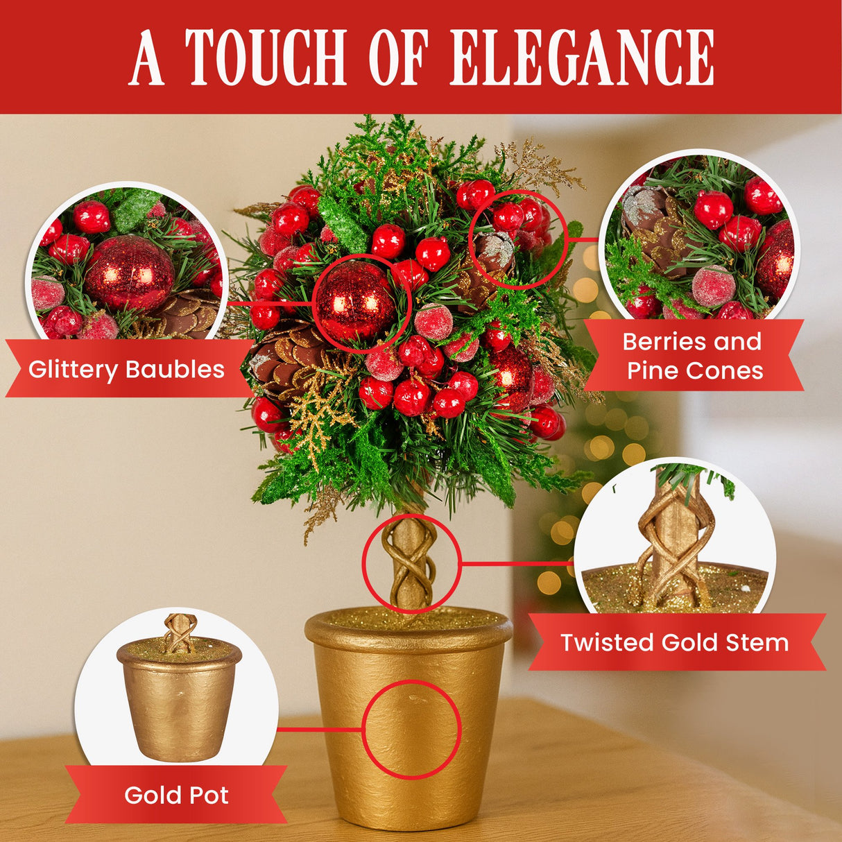 Christabelle 36cm Christmas Tabletop Topiary with Berries Baubles & Pine Cones