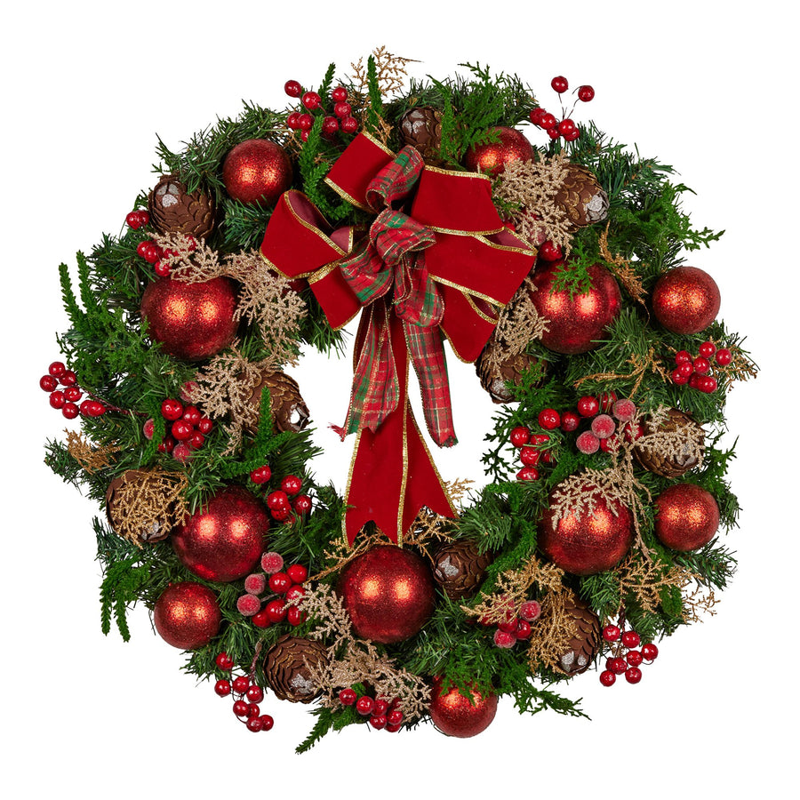 Christabelle 56cm Christmas Wreath Lush Green Door Decor, Red Berries Pine Cones