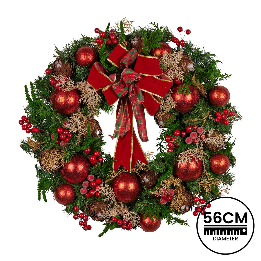 Christabelle 56cm Christmas Wreath Lush Green Door Decor, Red Berries Pine Cones